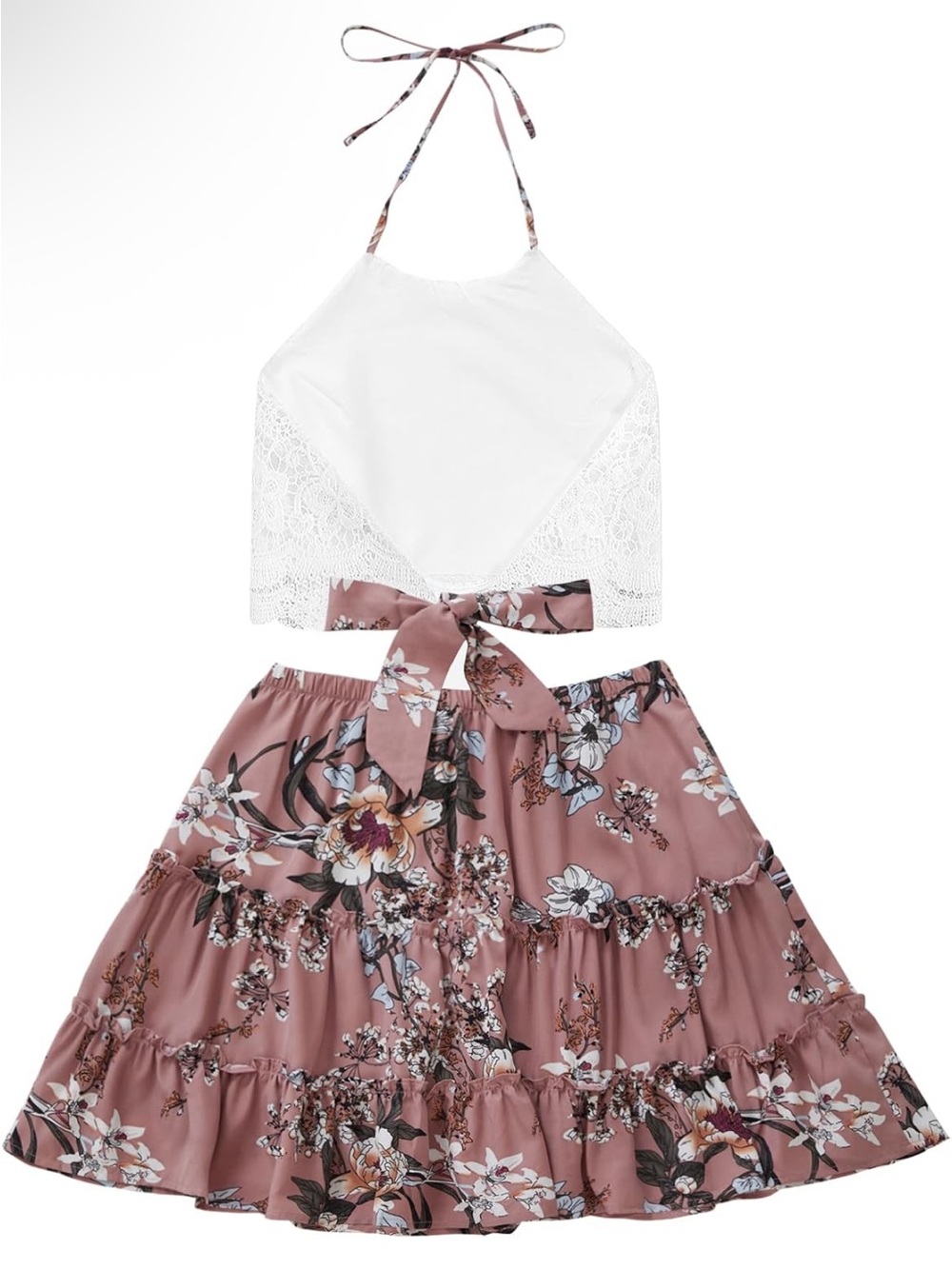 Lace Halter Crop Top with White Crochet Detail & Pink Ruffle Layer Skirt Set - Picture 7 of 14